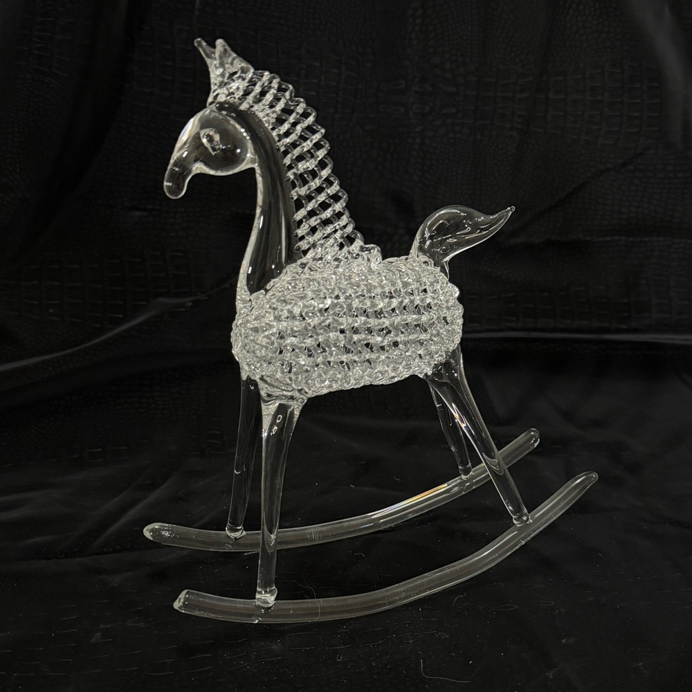 Vintage Hand Blown Spun Clear Art Glass Lattice Rocking Horse Figurine Decor